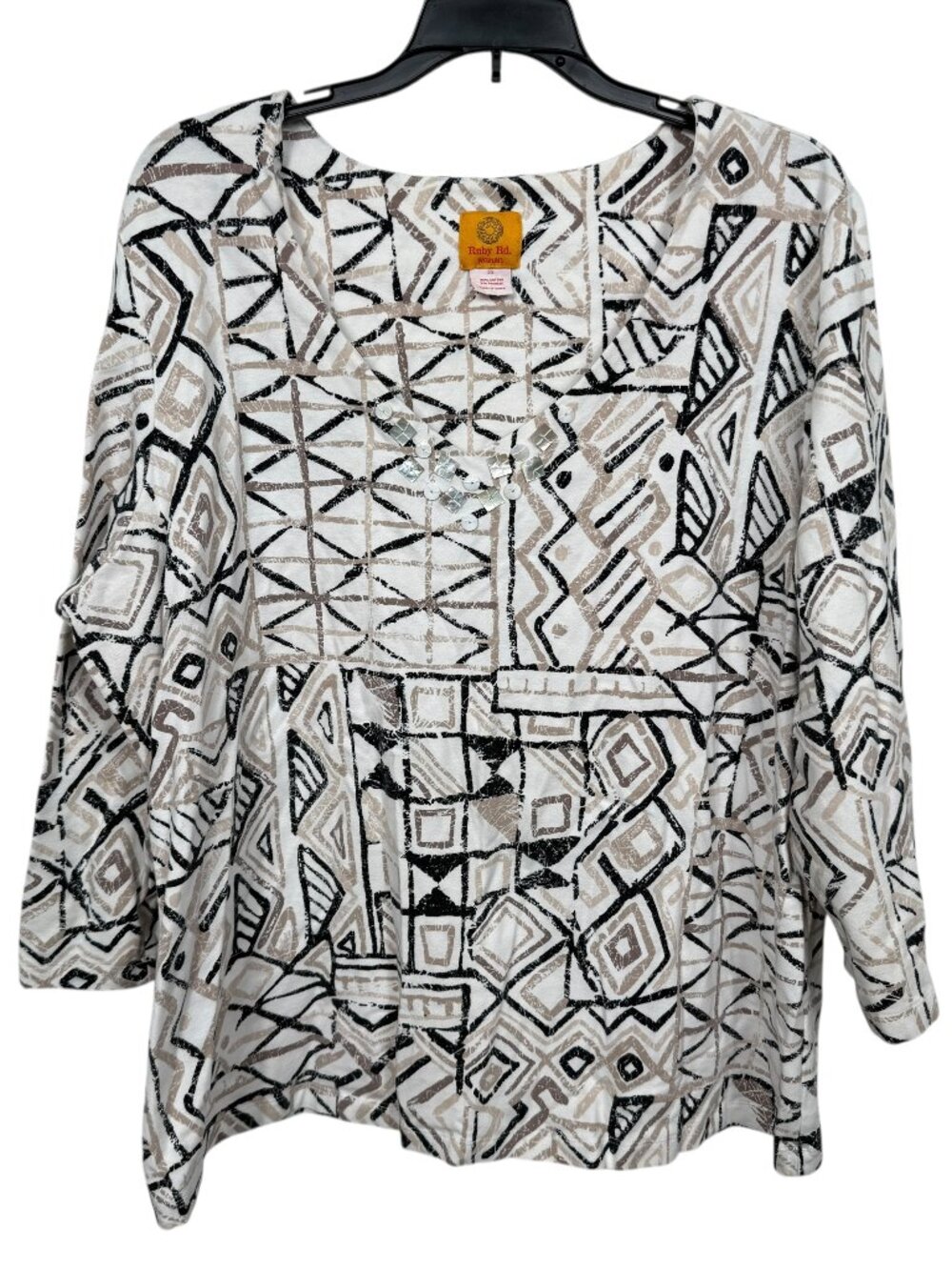 Ruby Rd Woman Top Blouse 2X White Tan Aztec Print Beaded Business Casual Cotton